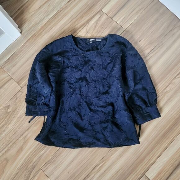 Karl Lagerfeld Floral Lace Burnout Blouse in Navy - Picture 3 of 13